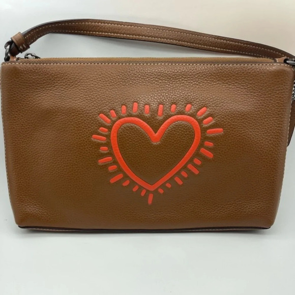 COACH x Keith Haring Leather Large Wristlet 25, Gunmetal/Saddle, NWOT - Picture 6 of 15